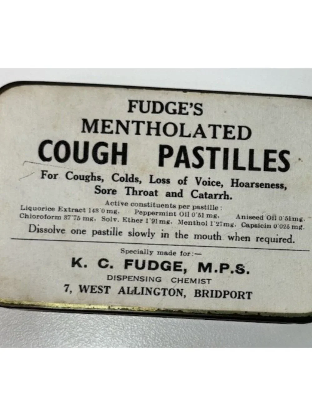 Vintage Fudge's Cough Pastilles Tin Chloroform and Ether on Ingredient List
